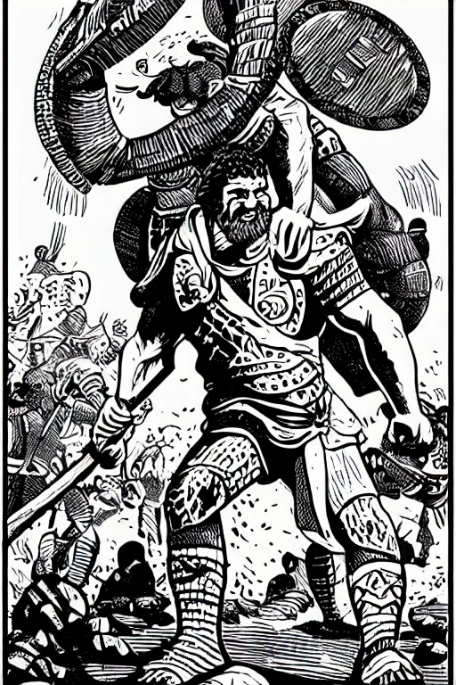 Image similar to ancient historically accurate depiction of the Bible Character Goliath of Gath, the Philistine warrior giant by mcbess