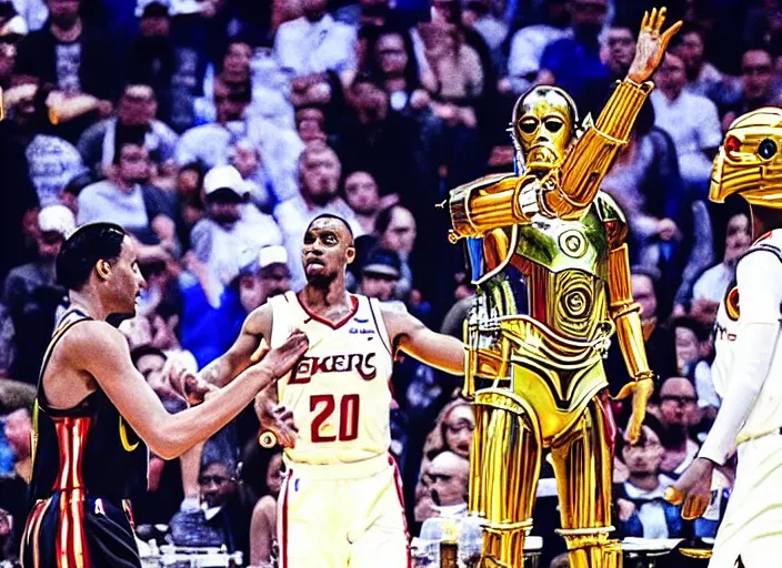 Image similar to ESPN still of C-3PO playing in the nba playoffs live on espn, 4k