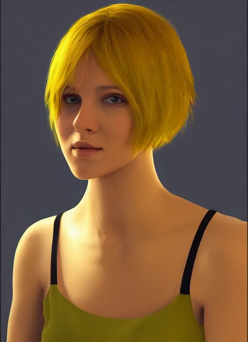 Image similar to portrait, young lady, yellow short hair, realistic, computer painting, volumetric lighting, detailed