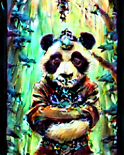 Image similar to don bluth, loish, artgerm, joshua middleton, steampunk, clockpunk anthropomorphic panda, full sailor suit, symmetrical eyes symmetrical face, colorful animation forest background