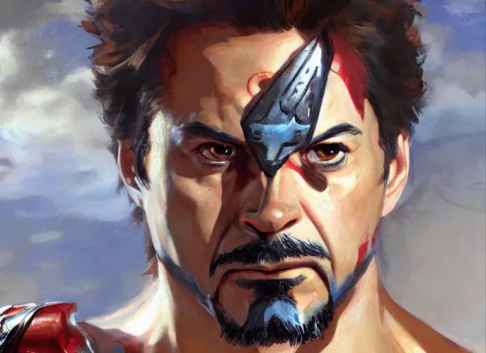 Image similar to a highly detailed beautiful portrait of tony stark as kratos, by gregory manchess, james gurney, james jean