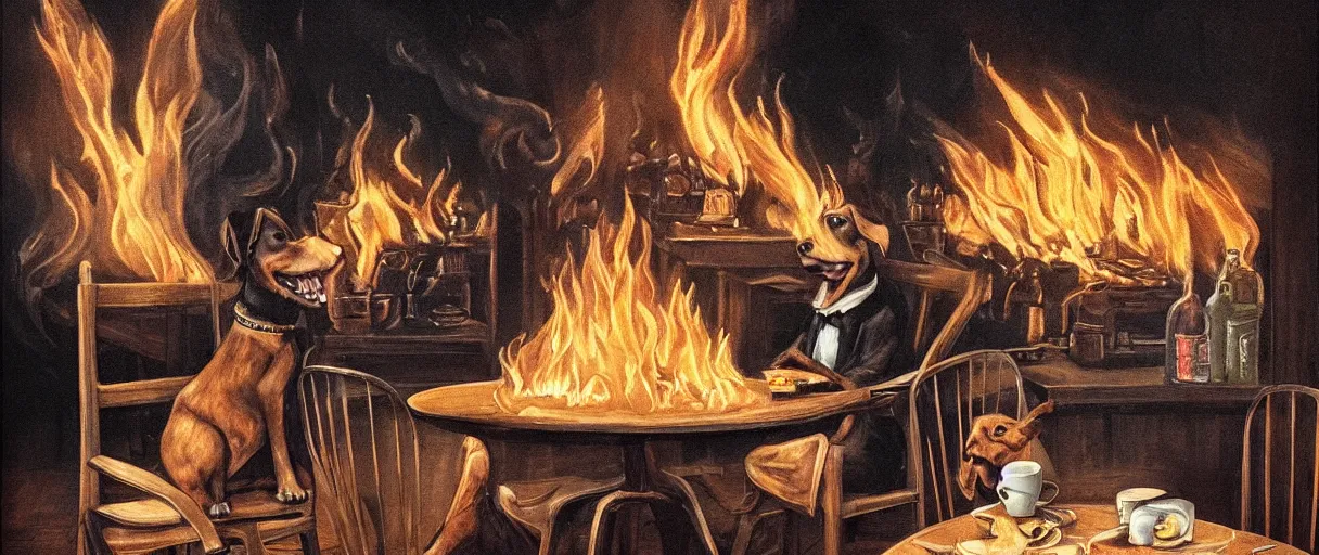 Image similar to an award-winning photograph (flash on) of a huge fire on a dining room in the background, in the foreground sits one relaxed anthropomorphic dog on a wooden chair at a table (no fire at all there), they are surrounded by flames, there is a full cup of coffee on the table, a lot of flames behind the dog, black smoke instead of the ceiling, no watermark