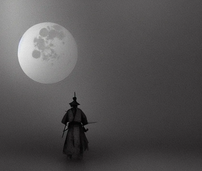 Image similar to '2d design graphic a samurai in the night ,big white moon background , gloomy and foggy atmosphere, octane render, horror scene, highly detailded , black and white ink '