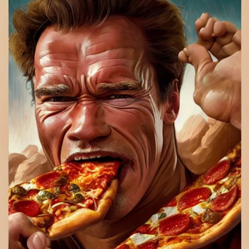 Image similar to portrait of arnold schwarzenegger opening his mouth to eat pizza, highly detailed, digital painting, artstation, concept art, sharp focus, illustration, art by artgerm and greg rutkowski and alphonse mucha