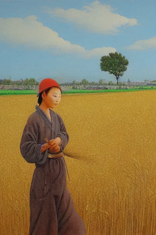 Image similar to cat farmer, walking in the wheat field, nature landscape on the background, fenghua zhong, sharp deep, oil art