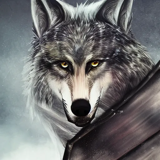 Prompt: anthropomorphic wolf 1 2 1 2 knight wearing fantasy armor, holding a sword, soft focus, soft light, foggy landscape, amazing detail, realistic fur, looking at camera