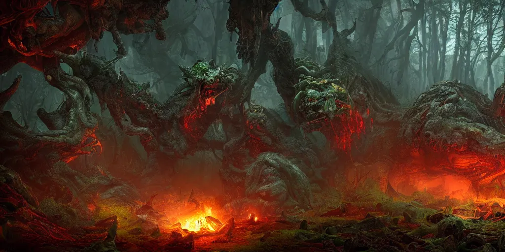 Prompt: doom cacodemon in a dark forest hidden by some trees, realistic 4 k octane beautifully detailed render, 4 k post - processing, highly detailed, intricate complexity, epic composition, magical atmosphere, cinematic lighting, masterpiece, ultra hd