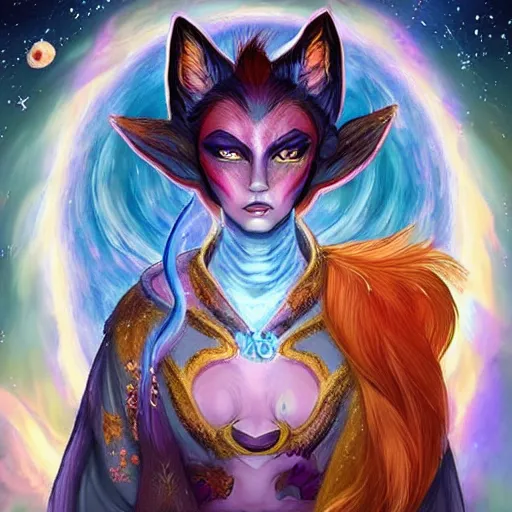 Image similar to a painted avatar portrait of an awesome cosmic powerful humanoid kitsune fox mage themed around life and death and the stars and the cosmos and dressed in elegant elven mage robes, in the style of dnd beyond avatar portraits, beautiful, artistic, elegant, lens flare, magical, lens flare, nature, realism, stylized, art by jeff easley