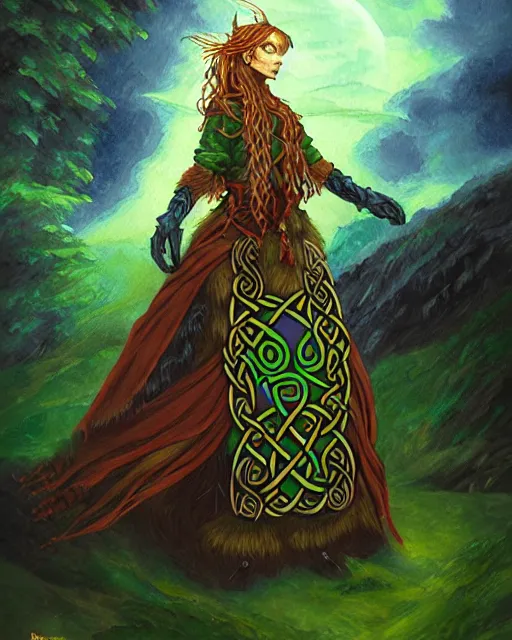 Prompt: celtic scifi druid of the highlands, wearing a lovely dress. this oil painting by the award - winning mangaka has an interesting color scheme and impeccable lighting.