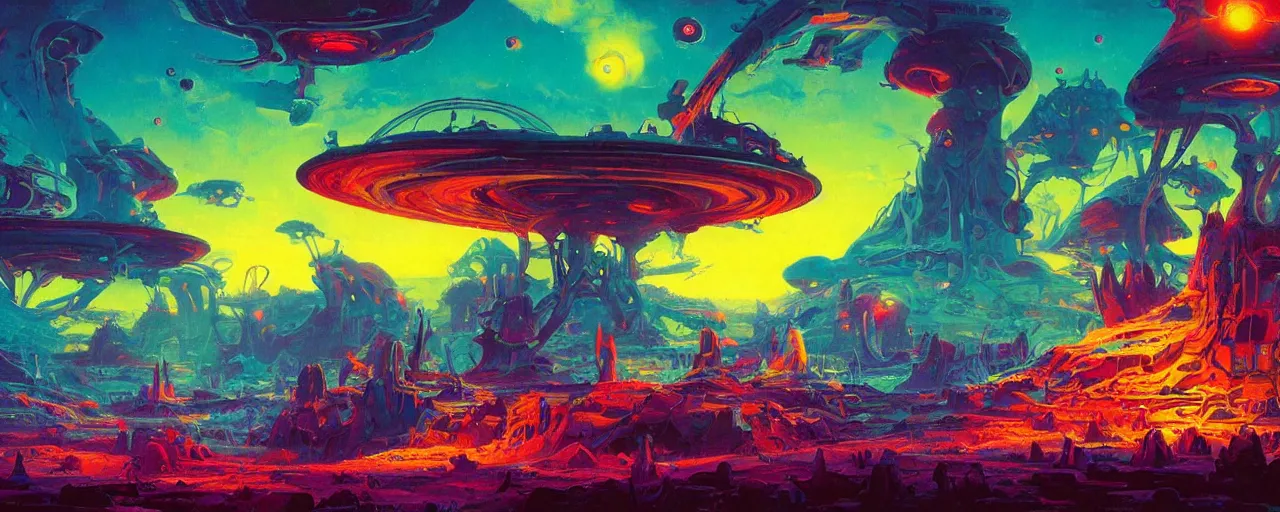 Image similar to ” mysterious and whimsical alien landscape, [ colorful, inviting, cinematic, detailed, epic, widescreen, opening, establishing, mattepainting, art by slop and paul lehr ] ”