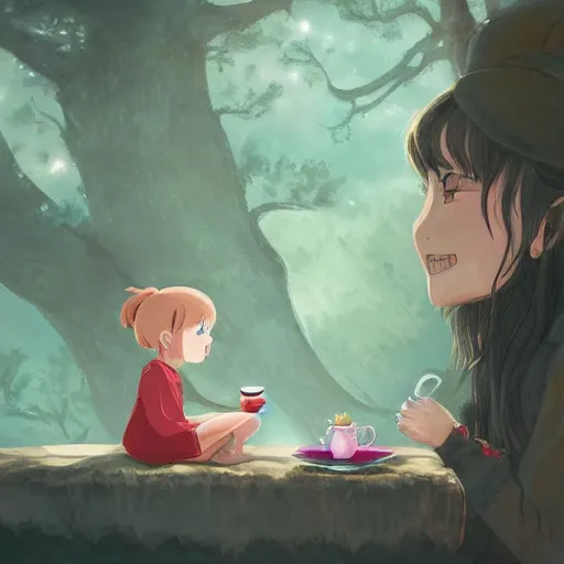 Image similar to little girl drinking tea with a friendly cryptid, digital art, artstation, studio ghibli