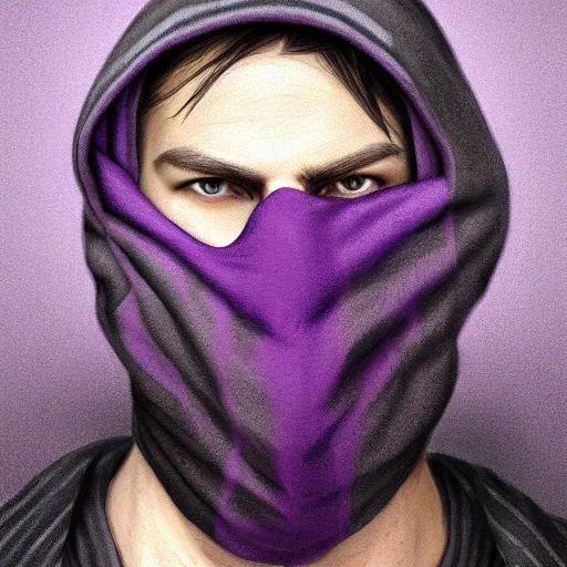 Image similar to ultra realistic illustration, man in a black hood, in a striped purple balaclava, mysterious, highly detailed, digital painting, artstation, concept art, smooth, sharp focus, illustration