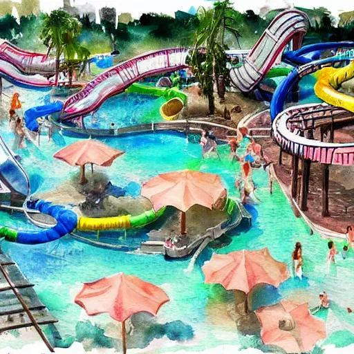 Prompt: water color on paper, water park fun, highly detailed, artstation, masterpiece, award - winning,