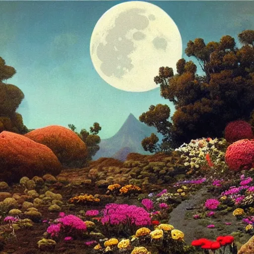 Prompt: a landscape on the moon with many craters, barren moon landscape, a broken moon lander, in a big crater at the center there is a beautiful flowering garden, 8 k, lowbrow in the style of martin johnson heade and daniel merriam and roger dean,