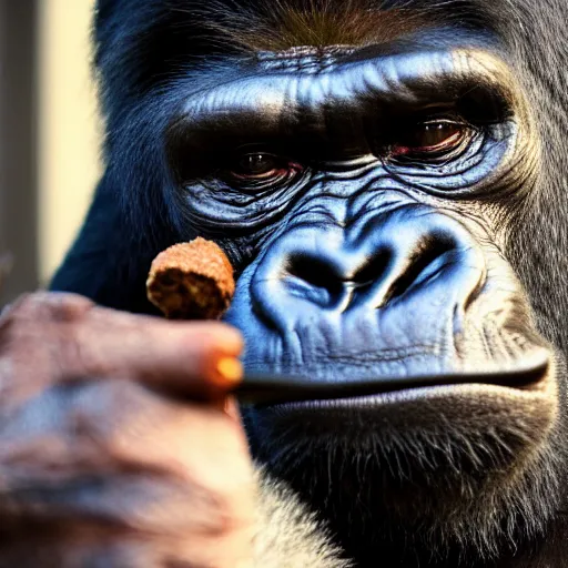 Image similar to a gorilla dressed as a mobster smoking a cigar, cinematic lighting, 4k, realistic