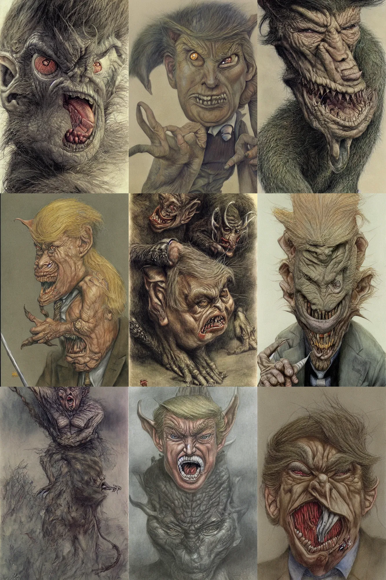 Prompt: Donald Trump as a goblin painted by Alan Lee, muted colors, folklore, goblincore, high quality