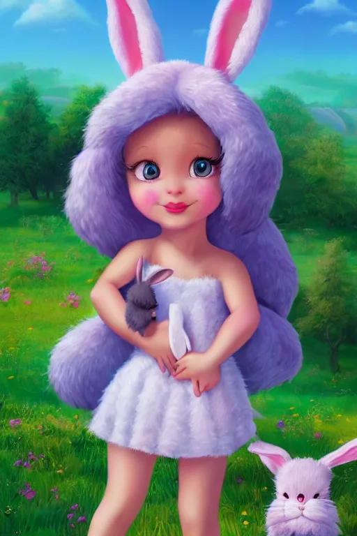 Prompt: matte sharp painting cute little girl and very furry rabbit landscape painted by mark rydel artstation behance storybook lisa frank