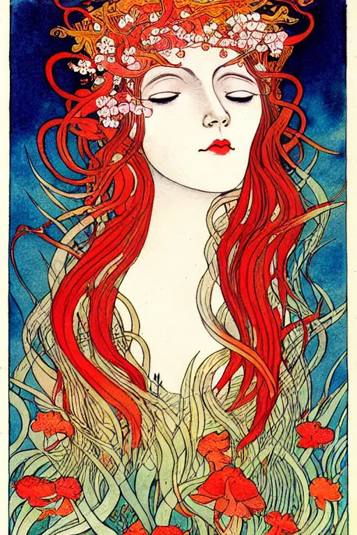 Image similar to realistic face of nature goddess with red hair with flowers and flames growing around, flower frame, detailed art by kay nielsen and walter crane, illustration style, watercolor