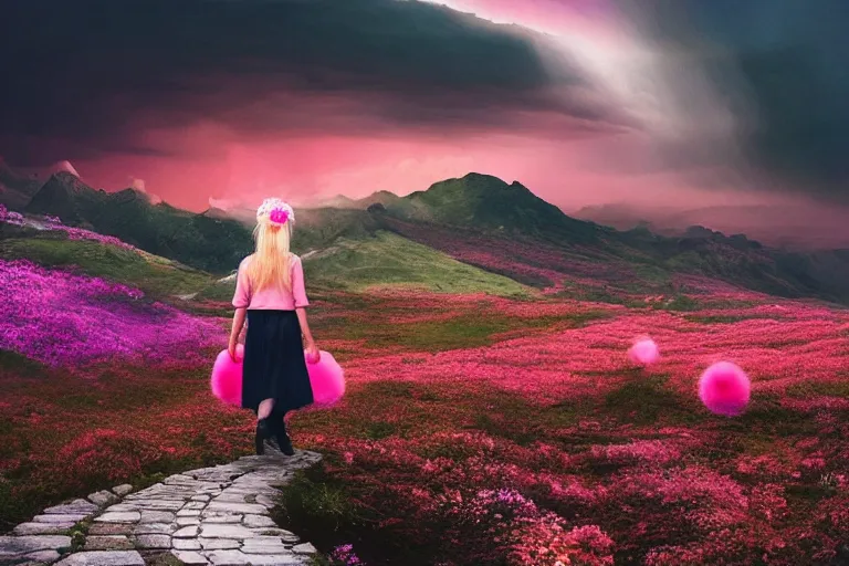 Image similar to giant dahlia flower crown under head, girl walking on dramatic mountain, surreal photography, pink storm clouds, sunset, impressionist painting, digital painting, artstation, simon stalenhag