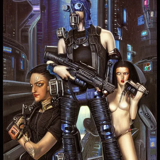 Prompt: portrait of three cyberpunk hired guns, by gerald brom