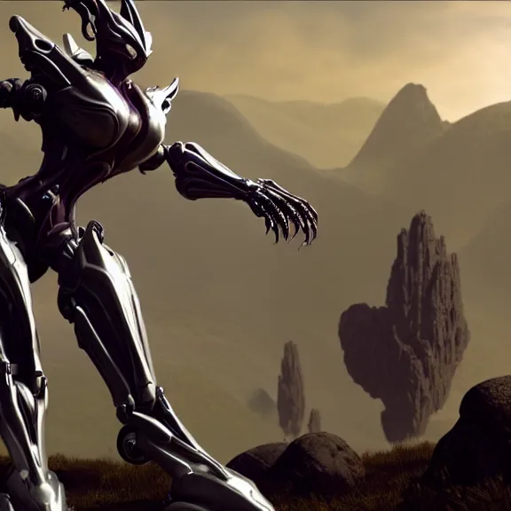 Image similar to extremely detailed cinematic low ground shot of a giant 1000 meter tall beautiful stunning saryn prime female warframe goddess, that's an anthropomorphic hot robot mecha female dragon, silver sharp streamlined armor, detailed head, sharp claws, glowing Purple LED eyes, sitting cutely in the background on top of a mountain, a tiny forest with a village in the foreground, fog rolling in, dragon art, warframe fanart, Destiny fanart, micro art, macro art, giantess art, fantasy, goddess art, furry art, furaffinity, high quality 3D realistic, DeviantArt, Eka's Portal, HD, depth of field