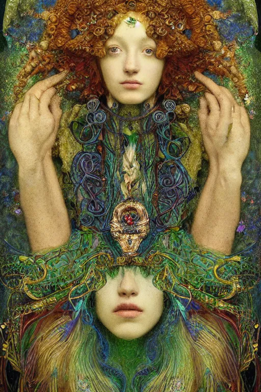 Prompt: preraphaelite upper body portrait sigil with the intent of remembering compassion lovecraftian bird queen, green hair, by agostino arrivabene, klimt, gustave moreau, gilded. floral, biomechanical illuminated text ornaments and gems hdr 8 k 3 d dslr hdr trending on artstation rendered with cryengine