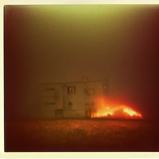 Image similar to polaroid by andrei tarkovsky and beksinski, surreal fever ray video of nordic house with smoke pouring out of the door into the sky, rim light, shot at night with studio lights, liminal space, photorealistic, high definition, technicolor, award - winning photography, masterpiece, amazing colors,