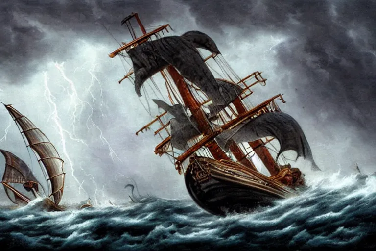 Image similar to giant kraken attacking a pirate sail boat, storm, lightning, rain, fantasy, horror