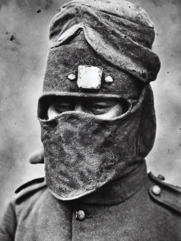 Image similar to portrait of man with extreme cold weather mask, ww1 photo, grainy, high detail, high resolution,