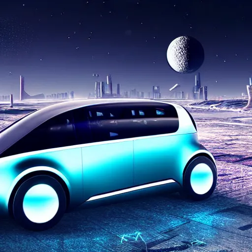 Image similar to Futuristic VW W16 in a Russian cyberpunk slum city called Neo Norilsk on the Moon, at night, diverse, lively, black sky full of stars, blinding sun, sci-fi, lots of flying cars, levitation, cyberpunk outfits, photorealistic, grainy, 35mm, intricate, very very beautiful, elegant, smooth, cinematic, Unreal Engine 5, by Beeple, trending on Artstation HD