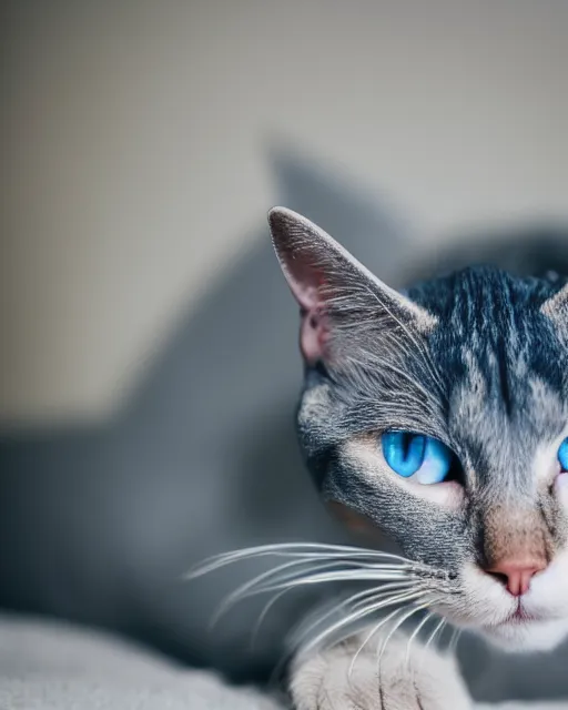 Prompt: closeup blue eyed cat licking himself on a bed at twilight dslr photo