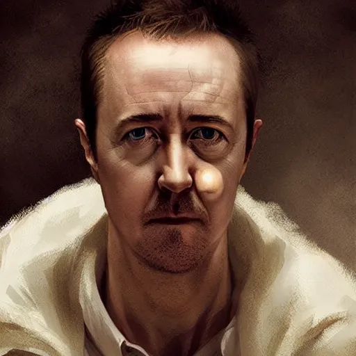 Image similar to edward norton as a peeled boiled egg, just the face, highly detailed, dramatic lighting, concept art by caravaggio and greg rutkowski and artgerm