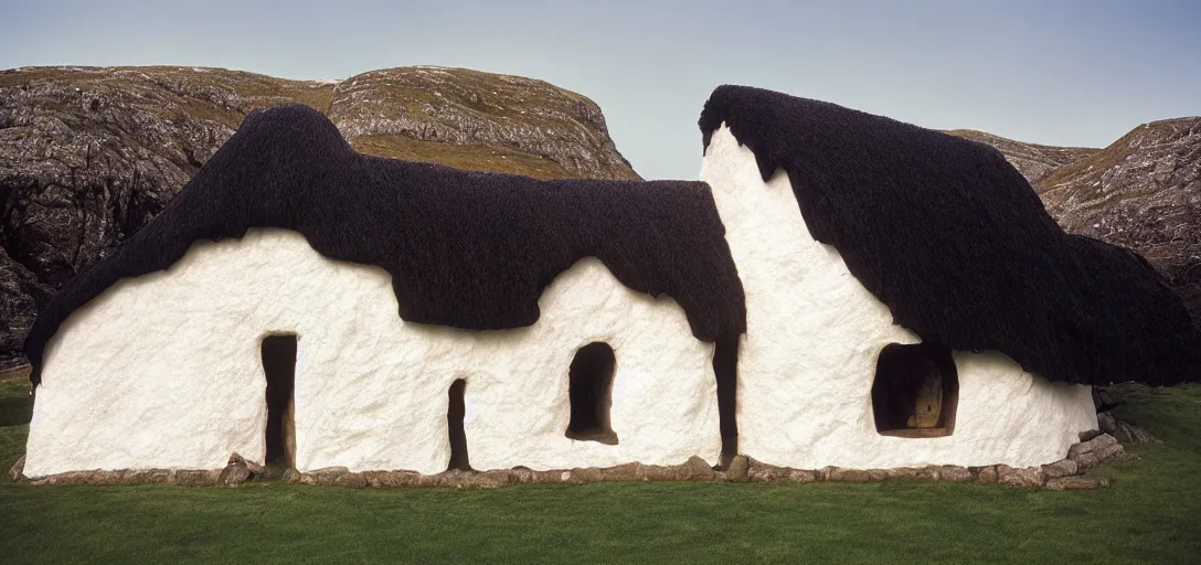 Prompt: scottish blackhouse made of ivory - white pentelic marble. designed by renzo piano. fujinon premista 1 9 - 4 5 mm t 2. 9. portra 8 0 0.