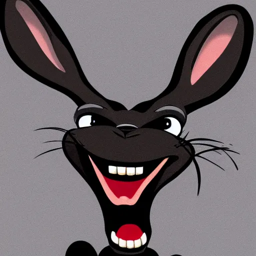 Prompt: A extremely highly detailed majestic hi-res beautiful, highly detailed head and shoulders portrait of a scary terrifying, horrifying, creepy black cartoon rabbit evil laughing standing up wearing pants and a shirt in the style of Walt Disney