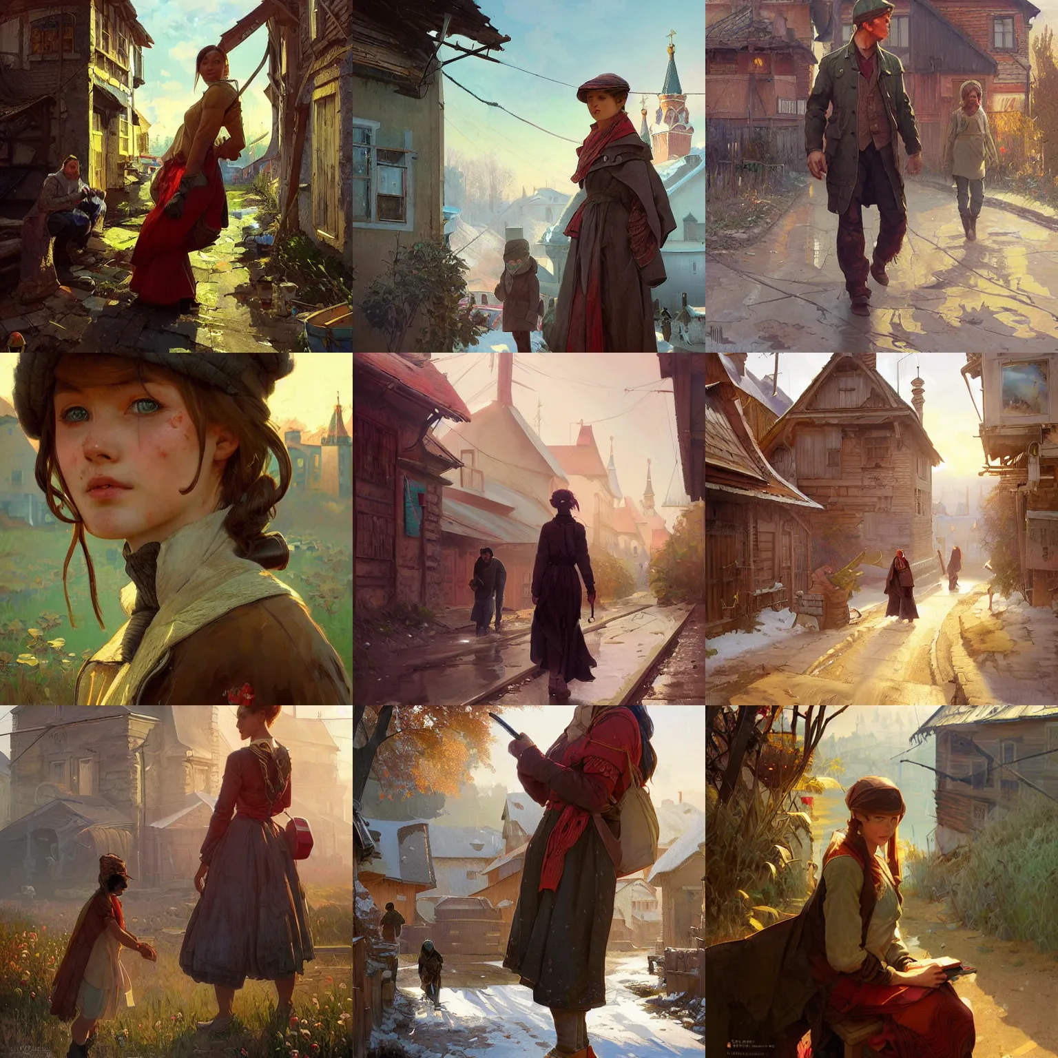 Prompt: russia, village, bright future, social realism, highly detailed, digital painting, artstation, concept art, matte, sharp focus, illustration, art by artgerm and greg rutkowski and alphonse mucha