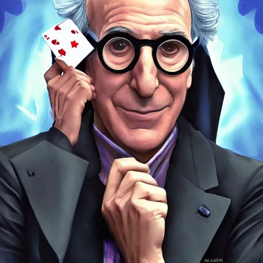 Image similar to larry david playing poker while wearing a batman costume and tripping on lsd, money, poker, cards, larry david, curb, elegant, intricate, digital painting, artstation, concept art, smooth, sharp focus, illustration, art by artgerm and greg rutkowski and alphonse mucha