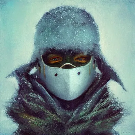 Prompt: “ fantasy, snow, bandit ‘ icewind dale ’ with mask, portrait by ‘ justin sweet ’, soft focus, illustrated, oil paint, cinematic ”