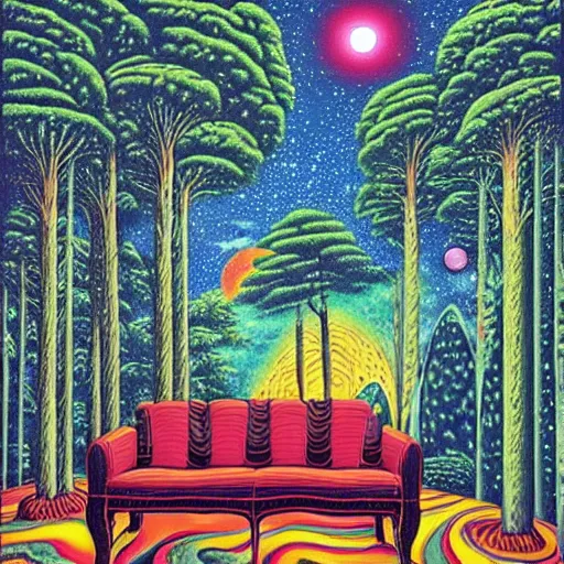 Image similar to psychedelic trippy river pine forest, planets, milky way, sofa, cartoon by rob gonsalves