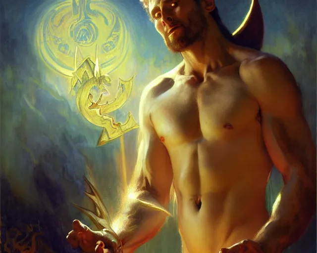 Image similar to attractive male deity, casting demonic magic, summoning handsome lucifer morning star. highly detailed painting by gaston bussiere, craig mullins, j. c. leyendecker 8 k