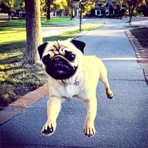 Prompt: “A Pug and a Golden Doodle playing in the suburbs”