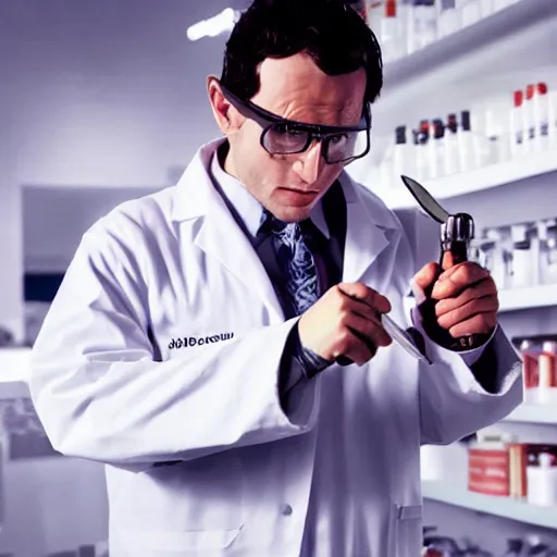 Prompt: an evil chemist in a white coat with a knife