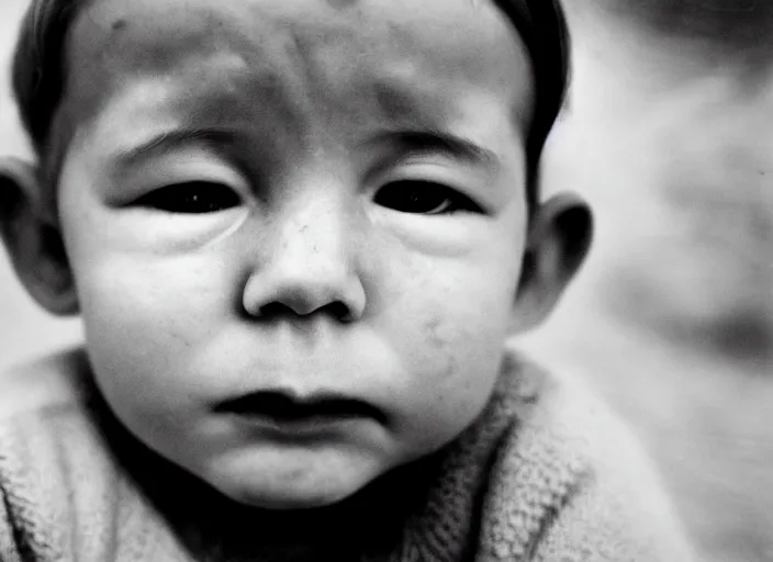 Image similar to high _ resolution _ black _ and _ white _ portrait _ with _ a _ 3 5 _ mm _ f _ 5. 0 _ lens _ of _ a _ child _ in _ soviet _ russia _ with _ closed _ eyes _ and _ a _ sad _ face _ about _ to _ cry.