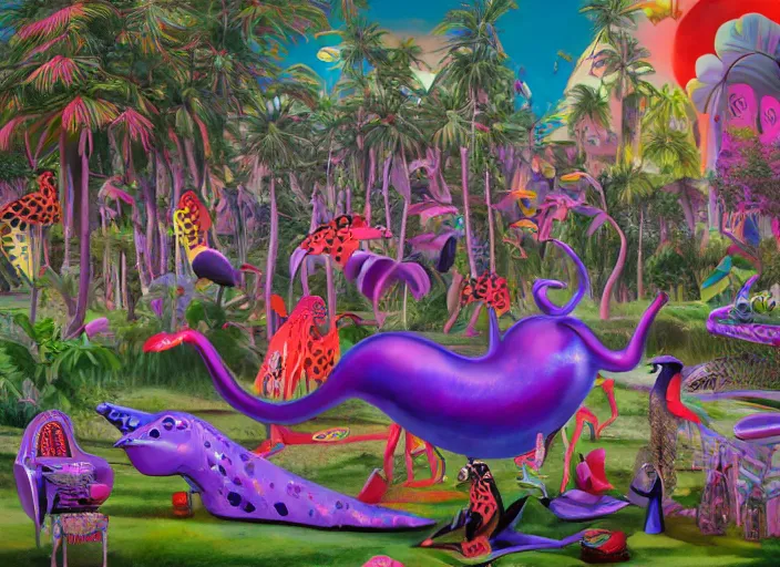 Image similar to 🦩🪐🐞👩🏻🦳, lowbrow, 8 k, matte painting, in the style of kenny scharf,