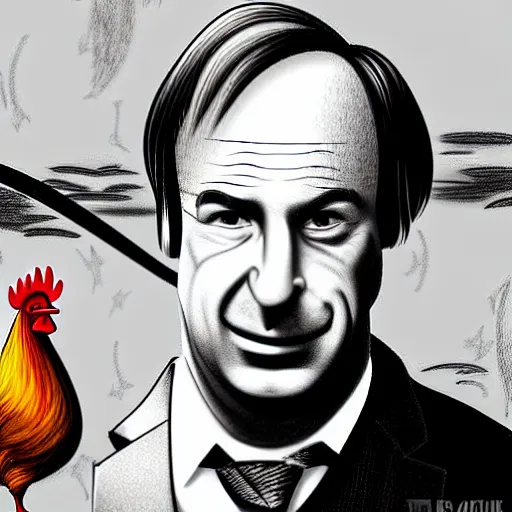 Image similar to saul goodman and a rooster in a medieval torture chamber, saw blades and knives in the background, horror movie, saul goodman, rooster!!!!!, real life photo, detailed face