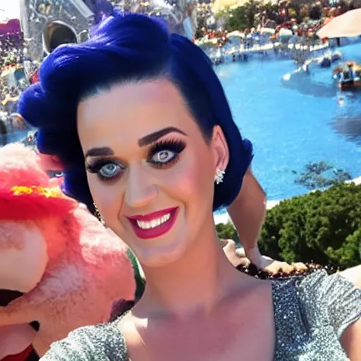 Prompt: katy perry takes a selfie in front of the disney world