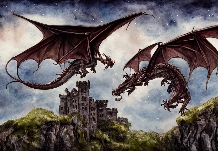 Image similar to dragon with possum head flying over a medieval castle under a dark starred sky, dark fantasy, watercolor, dreaming illusion, highly detailed, 4k, trending on Artstation, award-winning