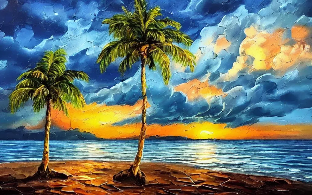 Image similar to a very very small island! with a cute cozy large cottage!! on it and a paved patio!! with chairs and string lights!, palm trees, very late evening cloudy sunset, dramatic and dynamic lighting, thick brush strokes oil impasto painting