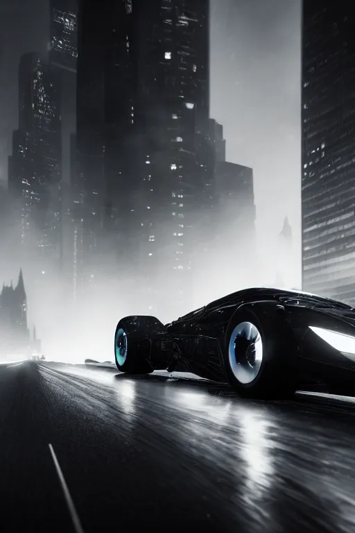 Image similar to the batmobile driving through gotham city at night. fluorescent light. pov from behind the wheel. octane render. 8 k. monochrome. black and white. mist. atmospheric. cinematic. hdr, raytracing, global illumination. a matte painting by ash thorp.