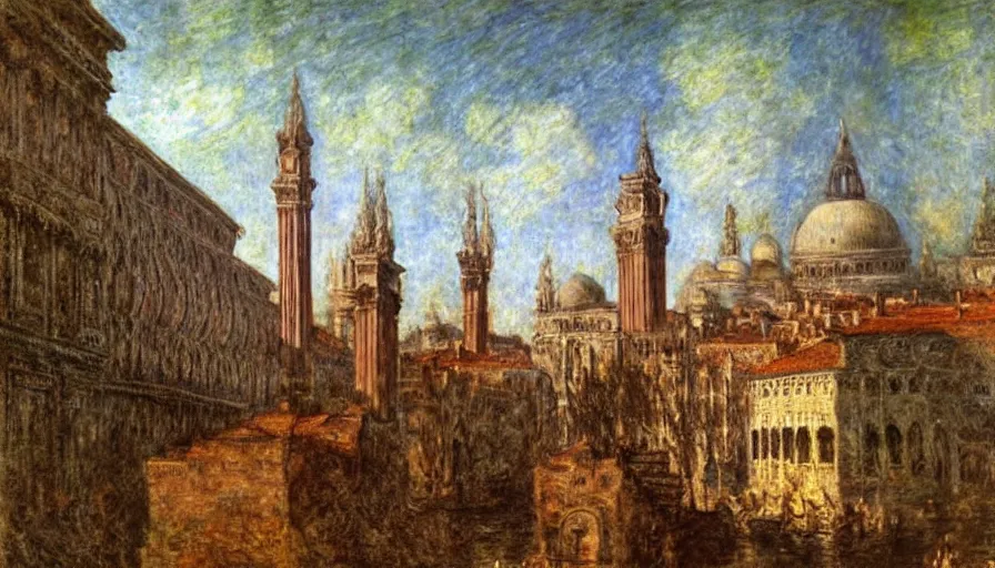 Prompt: an alien ufo spaceship landing on renaissance italy venice city landscape with beautiful temples by leonardo da vinci, magali villeneuve, rembrant, claude monet, intricate, time travel theme, audince in awe, sorround