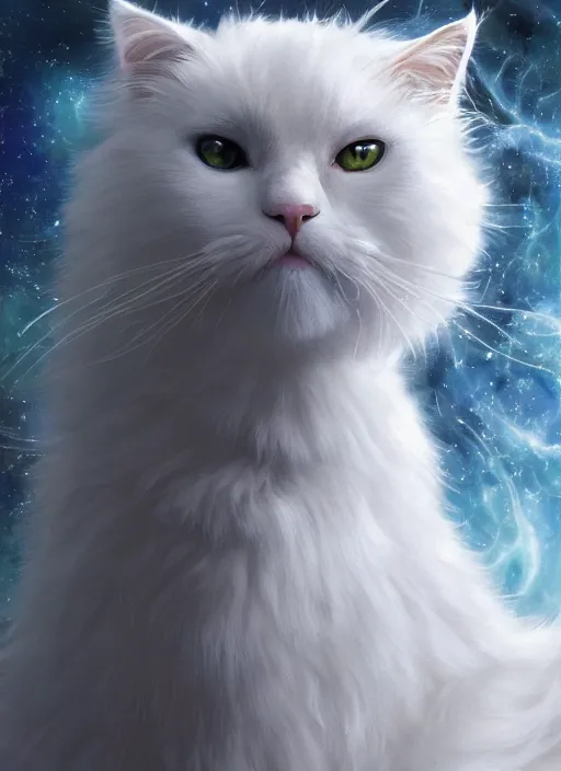 Image similar to masterpiece portrait of a white fluffy cat with cosmic armor, au naturel, hyper detailed, digital art, trending in artstation, cinematic lighting, studio quality, smooth render, unreal engine 5 rendered, octane rendered, art style by klimt and nixeu and ian sprigger and wlop and krenz cushart and kim jung gi and greg rutkowski